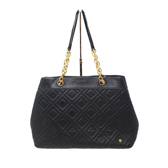 Tory Burch Fleming Triple Compartment Chain-Link Leather Tote Bag Quilted Black - Picture 1 of 14